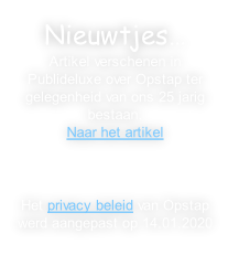 Nieuwtjes… Artikel verschenen in Publideluxe over Opstap ter gelegenheid van ons 25 jarig bestaan. Naar het artikel      Het privacy beleid van Opstap werd aangepast op 14.01.2020